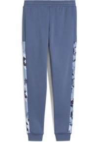 Pantalones deportivos azules de tejido suave, con un diseño de pierna ajustada y paneles laterales con un acento de patrones en azul claro y oscuro.
