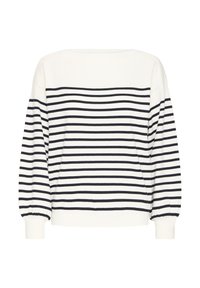 Pull en maille blanc avec des rayures horizontales bleu marine, un large décolleté et des manches bouffantes avec des poignets côtelés.