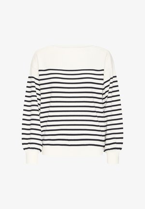 Jersey blanco de punto con rayas horizontales en azul marino, cuello ancho y mangas abullonadas con puños acanalados.