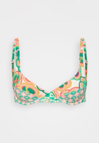 Colorful bikini top featuring floral and geometric patterns in green, pink, and yellow. Material has a smooth texture, with adjustable straps.