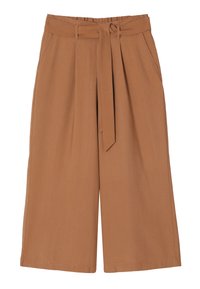 Culotte kalhoty v teplé hnědé barvě, vyrobené z lehké látky, s páskem na zavazování, bočními kapsami a volným širokým střihem nohou.