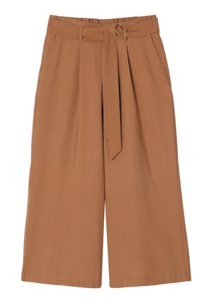 Culotte kalhoty v teplé hnědé barvě, vyrobené z lehké látky, s páskem na zavazování, bočními kapsami a volným širokým střihem nohou.