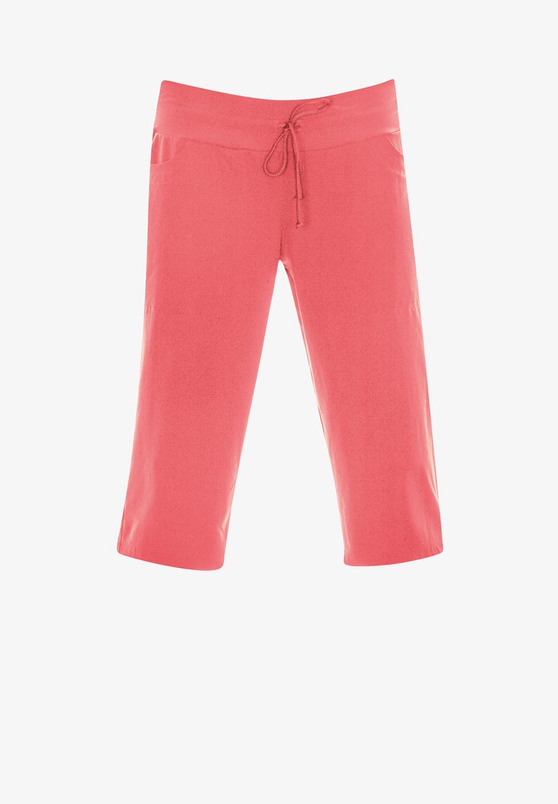 Koraalkleurige cropped broek gemaakt van zachte stof met een elastische tailleband en trekkoord, voorzien van zakken aan beide zijden.
