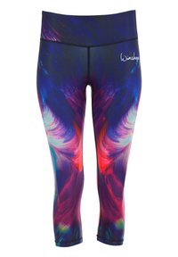 Didelių našumų leggingai su daugiapakopiu spalvų vortex modeliu, kuriame yra mėlyna, rožinė ir violetinė. Pagaminti iš lygaus, tampraus materi, turinčio prigludusį dizainą.