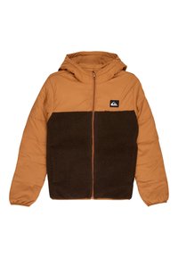 Brązowa i pomarańczowa ocieplana kurtka z kapturem. Posiada puszystą brązową dolną część i gładką pomarańczową górną, zapięcie na zamek oraz naszywkę z logo.