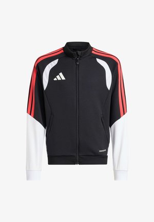 Veste zippée noire avec des accents rouges et blancs. Présente trois bandes sur les manches, un logo blanc sur la poitrine et des poignets côtelés.