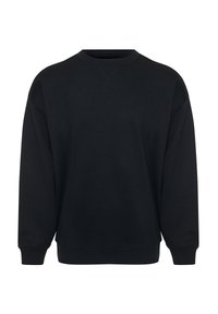 Zwarte sweatshirt gemaakt van een katoenmix. Prachtige ronde hals, lange mouwen en ribgebreide manchetten en zoom. Eenvoudig ontwerp, zonder patronen.