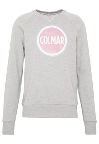Felpa grigia con polsini e orlo a costine, con un logo COLMAR circolare rosa e blu al centro. Tessuto morbido e di peso medio.