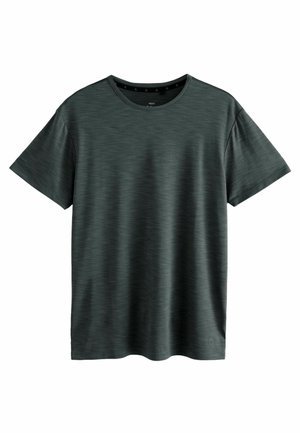 Mørkeblå T-shirt lavet af blødt, struktureret stof. Har en klassisk rund hals og korte ærmer med et subtilt mønster. Ingen synlige logoer.