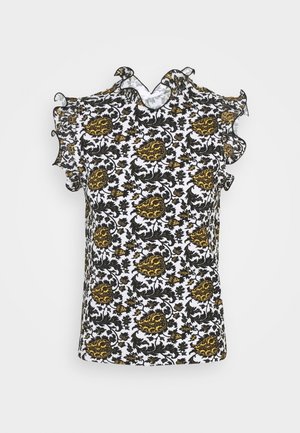 Witte korte mouwen blouse met geplooide randen en een zwart-goud sierlijk bloemenpatroon over het hele kledingstuk.