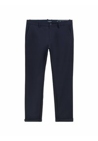 Pantalons bleu marine en tissu lisse, dotés d'une fermeture à bouton à l'avant, de passants de ceinture, de poches latérales et d'ourlets retroussés pour un look soigné.