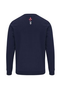 Marineblauer Pullover mit langen Ärmeln, Rundhalsausschnitt, aus glattem Baumwoll-Mischgewebe. Auf der Rückseite befindet sich ein roter Stern und ein Weißer Chevron-Design.