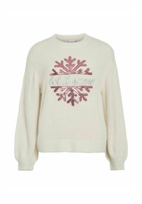 Kreminės spalvos megztinis su minkšta, pūkuota tekstūra. Papuoštas rožinių blizgančių snaigių dizainu ir sidabriniu siuvinėjimu su užrašu „let it snow“.