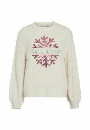 Krämfärgad tröja med en mjuk, fluffig textur. Har en rosa paljett-snöflingedesign och texten "let it snow" i silverbroderi.