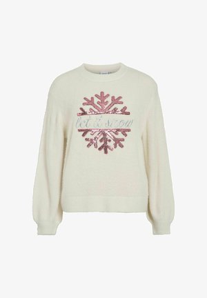 Kreminės spalvos megztinis su minkšta, pūkuota tekstūra. Papuoštas rožinių blizgančių snaigių dizainu ir sidabriniu siuvinėjimu su užrašu „let it snow“.