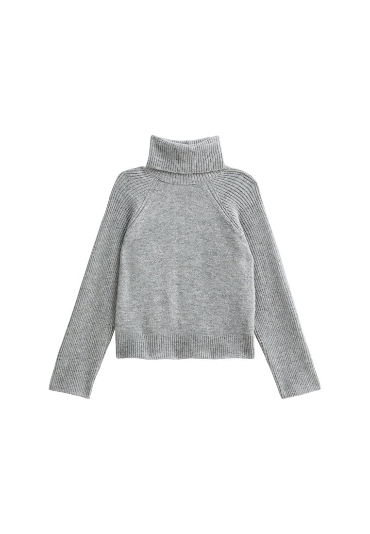 Szary, prążkowany sweter z golfem i długimi rękawami, o dopasowanym dolnym wykończeniu. Wykonany z miękkiego materiału dzianinowego, charakteryzujący się luźnym krojem i fakturowymi detalami.
