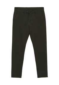 Pantalon slim vert foncé en tissu mélangé coton. Il possède deux poches avant et une fermeture à un bouton à la taille.