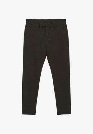 Pantaloni slim fit verde scuro realizzati in tessuto misto cotone. Presentano due tasche anteriori e una chiusura con bottone singolo in vita.