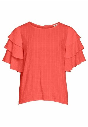 Coral blouse with textured grid pattern and layered ruffle short sleeves, round neckline, and loose fit.