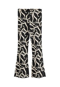 Black flared pants featuring a white ribbon pattern, made of textured fabric with a frayed hem design.