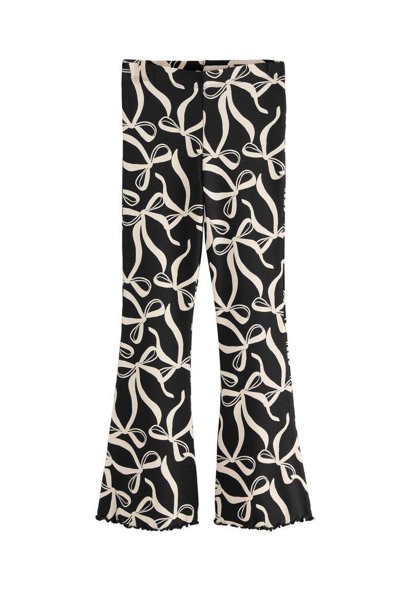 Black flared pants featuring a white ribbon pattern, made of textured fabric with a frayed hem design.