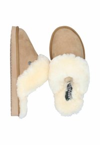 Tan suede slippers with fluffy cream fur lining, open back design, and rubber soles. Features a green label visible inside.