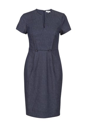Donkerblauwe knie-lange nauwsluitende jurk met korte mouwen, een halslijn met een voorsplit en twee knopen in de taillenaad.