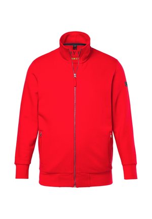 Rode zip-up hoodie met hoge kraag, twee zijzakken, geribbelde manchetten en zoom, gemaakt van een gladde, zachte stof met minimale details.