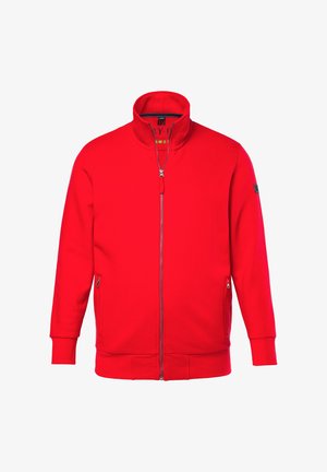 Felpa rossa con zip e colletto alto, due tasche laterali, polsini e orlo a coste, realizzata in un materiale morbido e liscio con dettagli minimi.