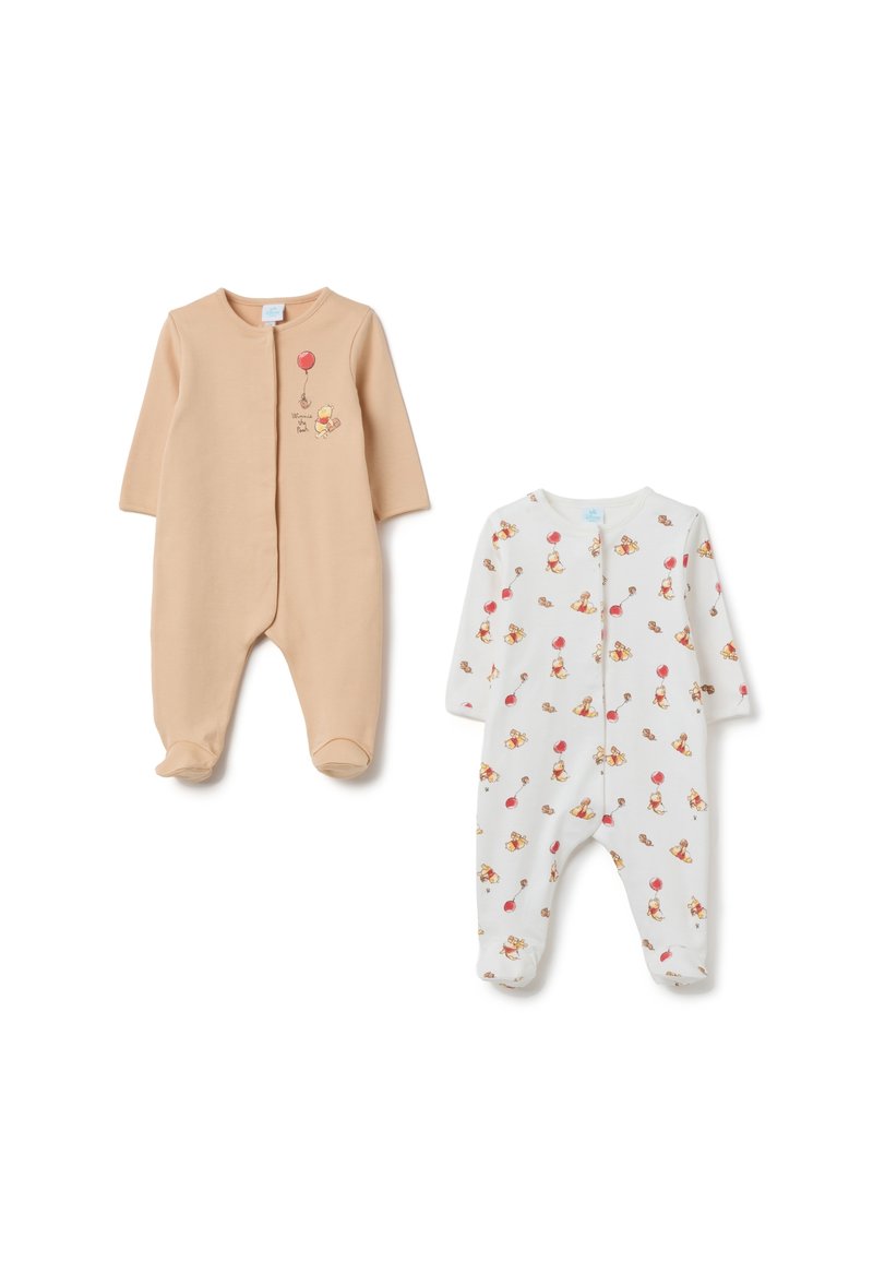 Dos monos de bebé: uno en beige con un gráfico de globo, y el otro blanco con estampados de animales coloridos. Ambos tienen mangas largas y diseño con pies.