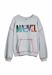 Harmaa huppari, jossa on monivärinen "MARVEL"-logo, etutasku ja kontrastiväriset punaiset ompeleet saumoissa ja hihoissa.