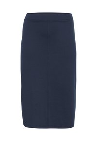 Jupe crayon bleu marine arrivant aux genoux, fabriquée en matériau extensible, avec une texture lisse et une taille élastique pour plus de confort.