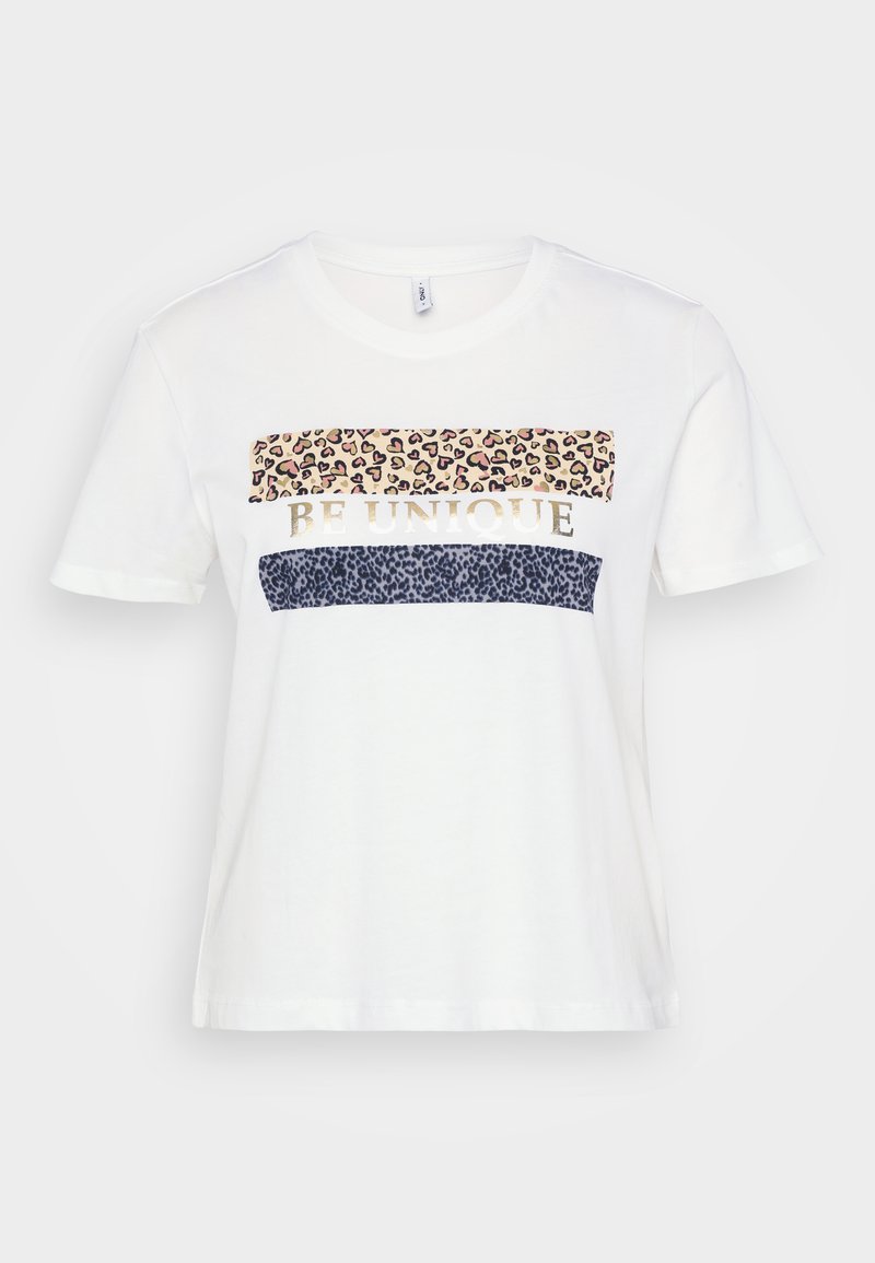 Weißes Baumwoll-T-Shirt mit kurzen Ärmeln, das drei horizontale Panels aufweist: Leopardenmuster, "BE UNIQUE" in Gold und marineblaues Leopardenmuster.