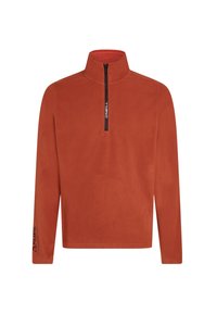 Orange fleece-pullover med halvdragkedja framtill. Har en hög krage och logotypdetalj på ärmen. Mjuk, texturerad tyg. Långa ärmar.