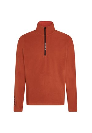 Oranje fleece pullover met een halve rits aan de voorkant. Heeft een hoge kraag en logo-detail op de mouw. Zacht, gestructureerd materiaal. Lange mouwen.