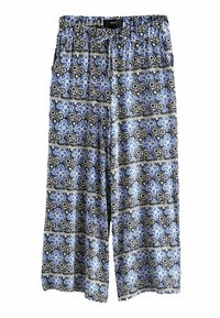 Pantalons larges à motifs bleus avec une taille à cordon, designs floraux noirs contrastants et une construction en tissu léger.