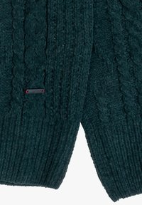 Maglione con lavorazione a trecce, di colore verde scuro, realizzato in lana testurizzata. Presenta un orlo a coste e un sottile accento del marchio in nero con dettagli rossi.