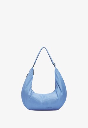 Blaues Nylon-Hobo-Tasche mit geschwungenem Design, verstellbarem Riemen und Reißverschlussakzenten in Silber. Glatte Textur mit subtiler Markenkennzeichnung.