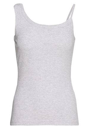 Szary bawełniany top na ramiączkach z dekoltem typu scoop, cienkimi ramiączkami i dopasowanym krojem. Tkanina ma gładką fakturę bez widocznych wzorów.