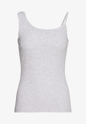 Débardeur en coton gris avec un col rond, des bretelles fines et une silhouette ajustée. Le tissu a une texture lisse sans motifs visibles.