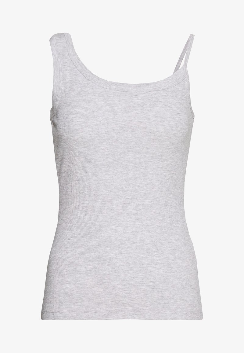 Débardeur en coton gris avec un col rond, des bretelles fines et une silhouette ajustée. Le tissu a une texture lisse sans motifs visibles.