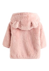 Manteau à capuche rose, en peluche, avec des oreilles arrondies sur la capuche, manches longues et texture douce, conçu pour la chaleur et le confort.