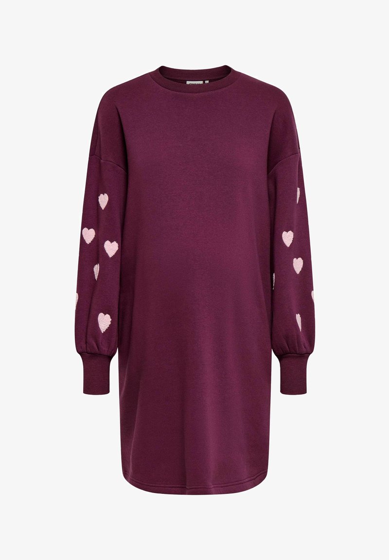 Robe violette à manches longues avec encolure ronde et petits motifs en forme de cœur rose sur les deux manches, poignets côtelés et ourlet droit.