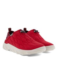 Red quilted slip-on shoes with a white rubber sole, featuring a textured upper and dark accents, ideal for casual wear.