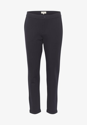 Navy trousers made of smooth fabric, featuring a button closure, belt loops, and rolled cuffs at the ankles. No pockets visible.