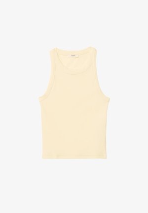 Hellgelbes, ärmelloses Tanktop aus geripptem Stoff. Es hat einen runden Halsausschnitt und einen geraden Schnitt, ohne sichtbare Muster oder Verzierungen.