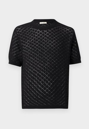 Haut noir à manches courtes en maille avec un motif ajouré en forme de losange et un col rond, des poignets et un ourlet côtelés.