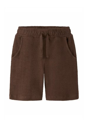 Shorts en tissu éponge marron avec taille élastique, cordon de serrage et poches avant. Surface texturée avec une finition douce.