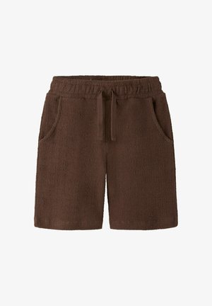 Brązowe szorty z frote z elastycznym pasem, sznurkiem ściągającym i kieszeniami z przodu. Teksturowana powierzchnia o miękkim wykończeniu.