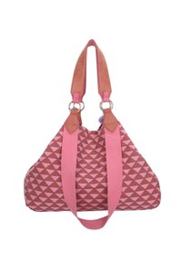 Borsa a spalla in tessuto rosa con motivi triangolari, dotata di ampi manici rosa, dettagli in pelle e anelli in metallo per un tocco aggiuntivo.